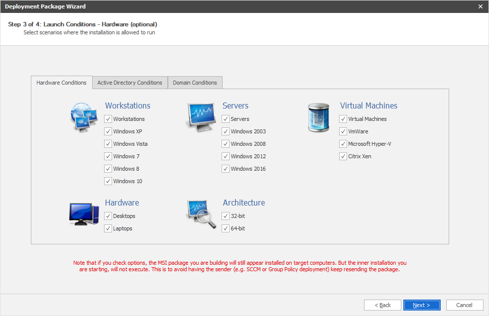 Launch conditions in an MSI file