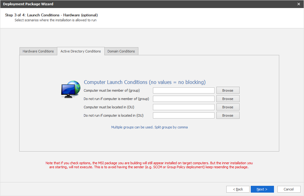 Active Directory launch conditions in an MSI file