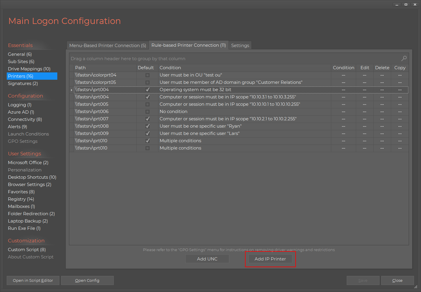 Logon Script Builder connecting an IP printer