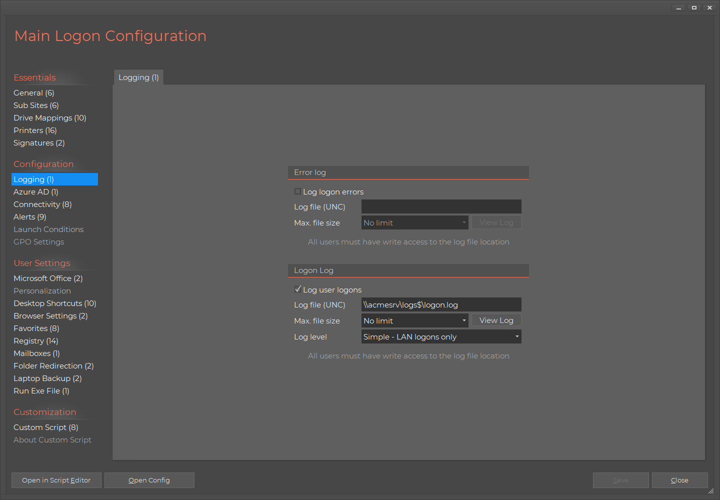 Home Screen Logon Script Logging