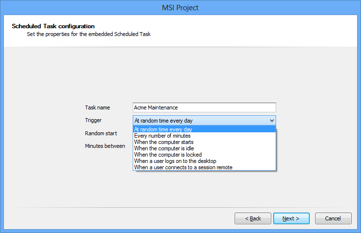 Scheduled task trigger types inside an MSI package page
