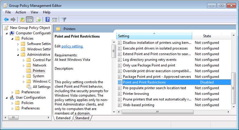 Group policy for disabling printer warnings